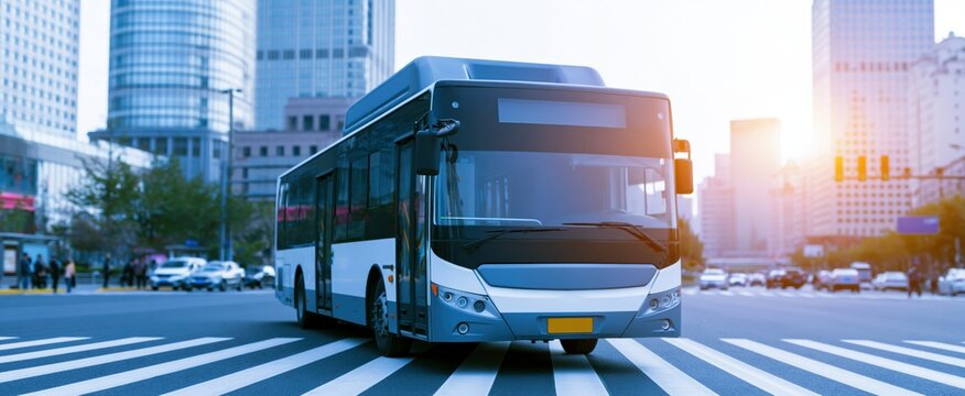 At a bustling city intersection, a modern bus waits, highlighting sustainable urban transit for everyday passengers.