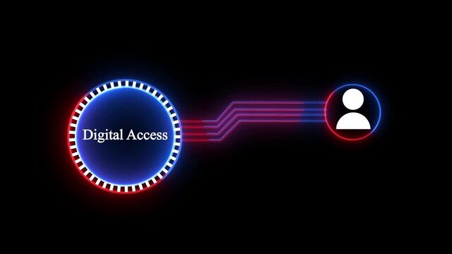 Abstract Futuristic Digital Access Neon Glowing Interface Graphic With Digital Account Icon and Cyber Security Data Connection Line on Black Background.