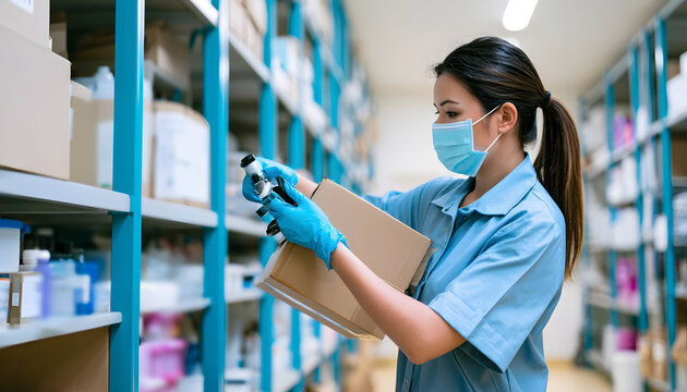 Medical worker in protective gear scanning a storage box in a sterile supply warehouse. Concepts relate to pharmaceutical logistics, hospital inventory management, stock verification, and maintaining 