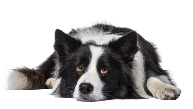 Sad black and white border collie dog lying down, isolated on transparent background