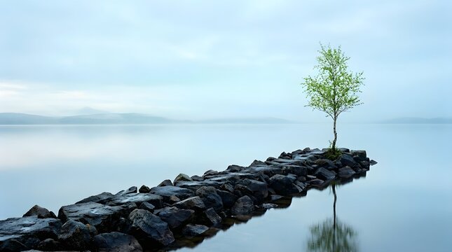 solitary young tree growing at the edge of a stone breakwater jetty.
