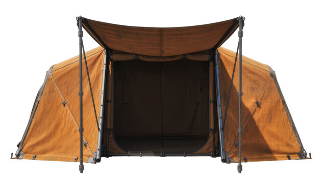 Large canvas safari tent with metal poles open entrance, isolated on transparent background