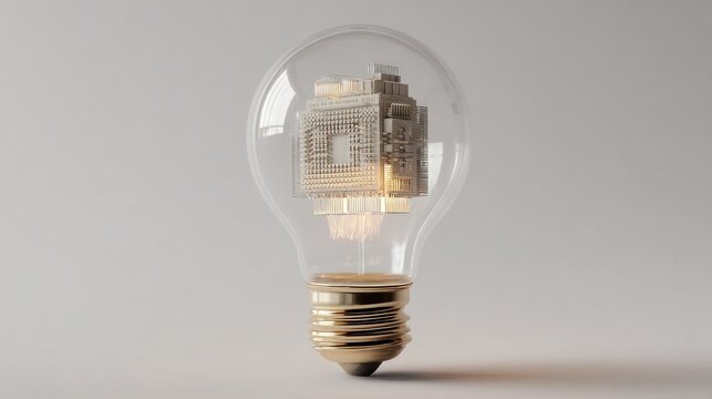 Lightbulb with glowing, cube-shaped, digital component inside