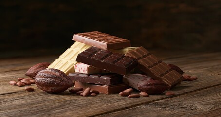 Obraz premium Assorted chocolate bars and cocoa pods on rustic wooden table with warm inviting lighting.