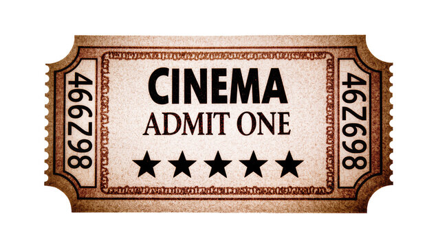 Vintage cinema admit one ticket with five stars, isolated on transparent background