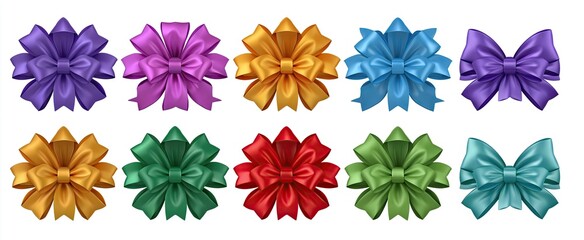 Fototapeta premium Colorful 3D gift bows displayed on a white background, perfect for festive holiday decoration and packaging.