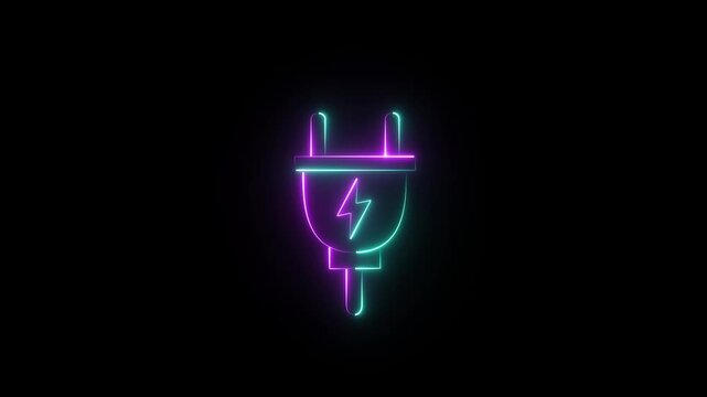 A digital graphic depicting a glowing neon line electric plug icon.