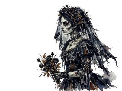 Eerie gothic bride wearing a detailed lace wedding dress and flower crown holding a bouquet of dark roses with a somber expression in a digital watercolor style on transparent background