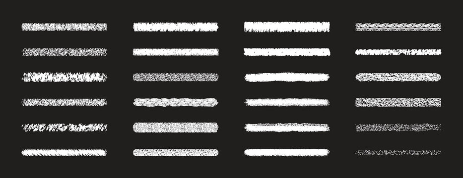 Grunge brush stroke vector set with distressed paint lines and textured marker elements isolated on black background. Abstract hand drawn streak collection creates a rough artistic effect. Modern 