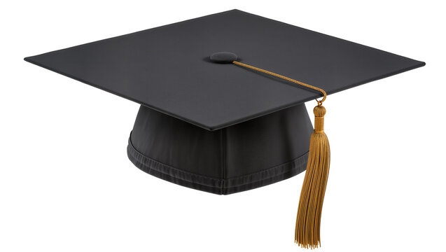 Black graduation cap with gold tassel, isolated on transparent background