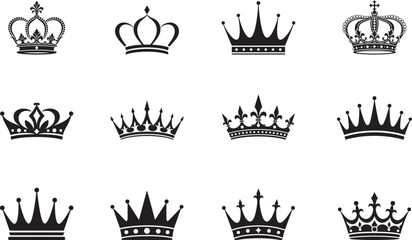Royal Crown Collection Black Silhouette Icons for King and Queen Designs © PNG