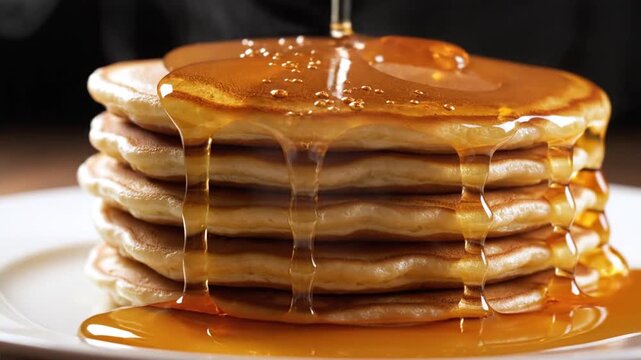 Maple syrup pouring over a stack of fluffy golden pancakes on a white plate during a fresh breakfast.