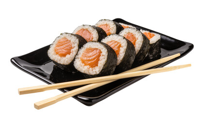 Fresh salmon sushi rolls with rice and nori seaweed served on a black plate with chopsticks, isolated on transparent background © Ruslan