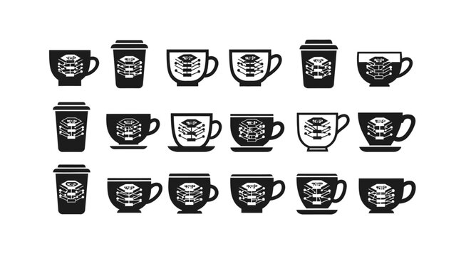 Set of black coffee cup icons depicting various server stacks and digital infrastructure concepts for hosting and data management