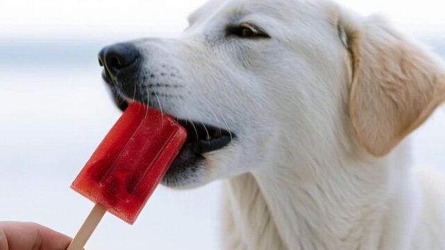 Dog refreshing with frozen fruit popsicle. Summer Pet Cooling Concept.