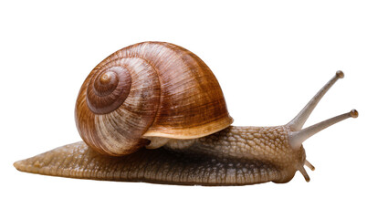 Brown spiral shell snail with textured body, isolated on transparent background © Alexa