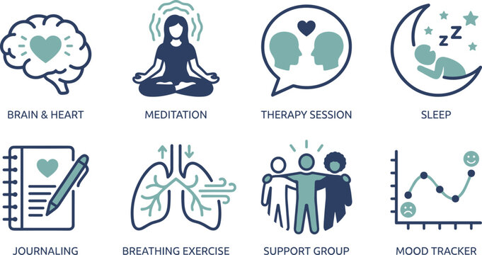 Mental health icons set including brain and heart meditation therapy session sleep journaling breathing exercise.