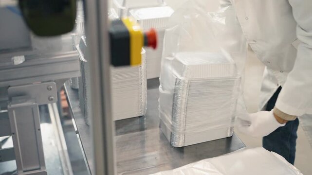 Hands of worker in white coat and gloves packing stack of aluminum containers into transparent plastic bag. Industrial packaging process in manufacturing environment.