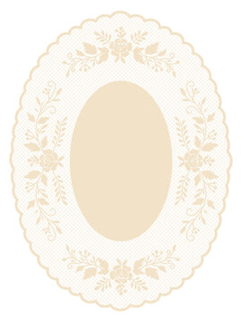 Classic floral lace frame with ornate rose garlands. Whimsical elegant lace doily clipart for wedding or baby shower invitations. Vintage embroidery handkerchief with scalloped borders.