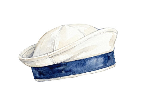 Hand painted watercolor illustration of a traditional white navy sailor hat featuring a deep blue ribbon band detail depicted in a classic artistic style isolated on white on transparent background