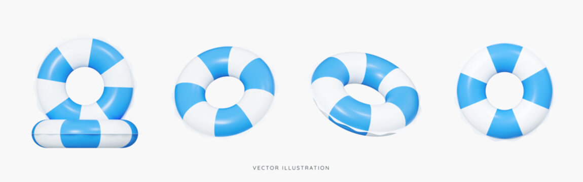 3D Inflatable swimming ring in blue icon set. Rubber pool toy. Swim lifesaver. Summer time objects. Travel and vacation. Cartoon design icons isolated on white. 3D Vector illustration