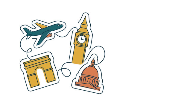Hand drawn travel icons featuring famous landmarks and an airplane connected by a winding line.