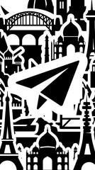 Fototapeta premium A minimalist black and white paper airplane icon centered over a travel themed collage.