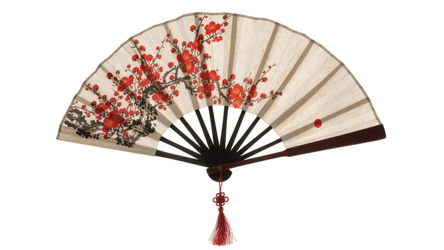Traditional Japanese fan with red plum blossoms and tassel, isolated on transparent background