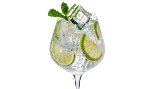 Clear gin tonic cocktail with lime slices ice cubes and mint leaves, isolated on transparent background