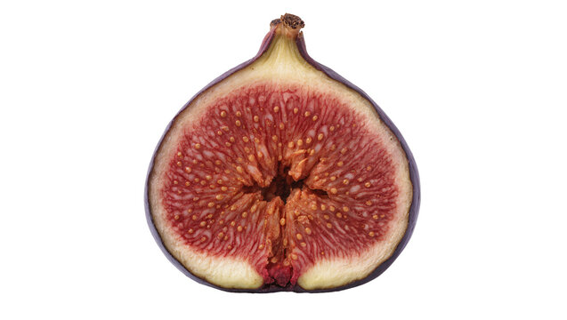 Half ripe fig with purple skin and red pulp, isolated on transparent background
