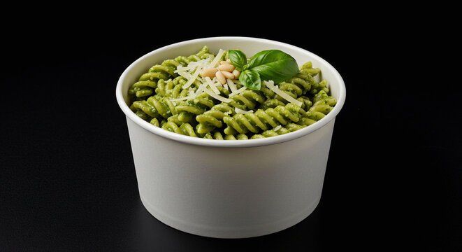 Fresh Pesto Fusilli Pasta in White Takeaway Bowl on Black Background