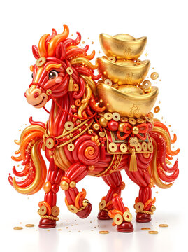 Chinese zodiac fire horse character made of red and gold twisted balloons carrying stacked gold ingots sycee 3D illustration isolated on white background