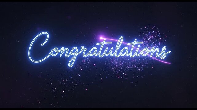 Congratulations neon typography animation glowing with magical purple light particles in this smooth motion video clip
