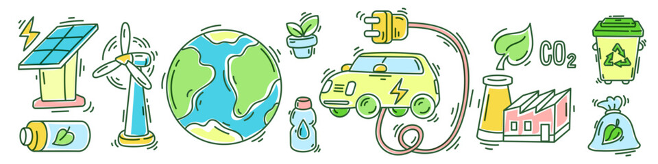 Naklejka premium Eco city infrastructure and zero waste vector icons set, colorful line art electric car, solar panel, wind turbine and waste recycling bin. Green technology collection with planet Earth