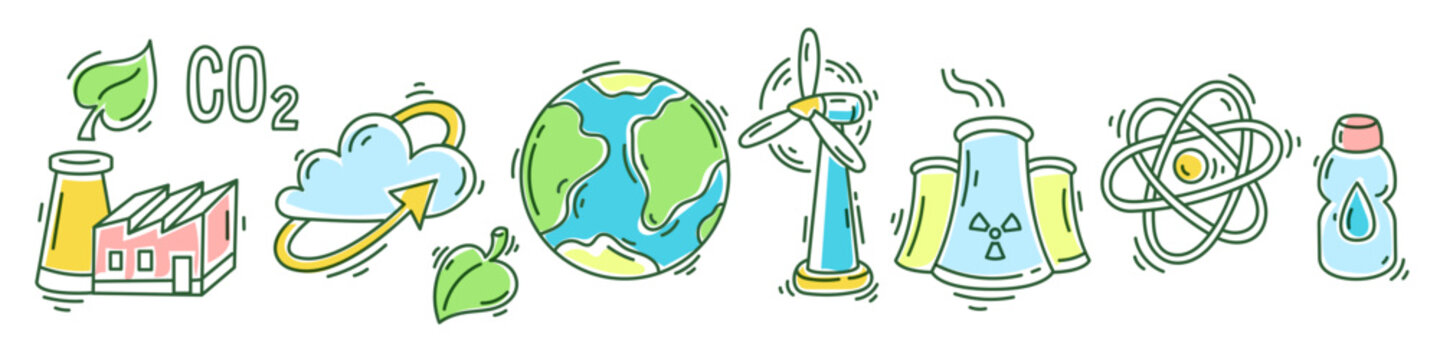 Green energy and industrial carbon emission vector icons set, colorful line art planet Earth and wind turbine, factory and atom symbol, cooling tower and cloud with CO2 sign for ecology concept