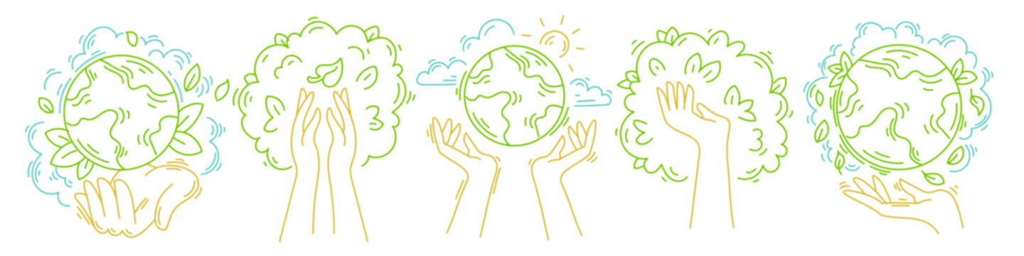 Ecology and Earth day vector banner, line art hand holding green planet and tree crown with leaves. Set of illustrations with globe for eco friendly concept