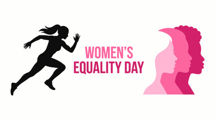 Obraz premium Women Equality Day banner with running female silhouette and profile portraits.