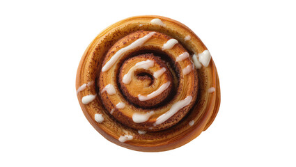Fototapeta premium Golden brown cinnamon roll with white icing drizzle, isolated on transparent background