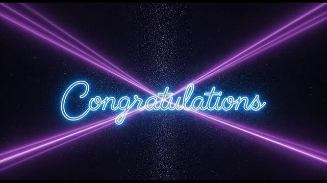 Congratulations text glowing in neon blue light with radiant purple rays in motion video clip