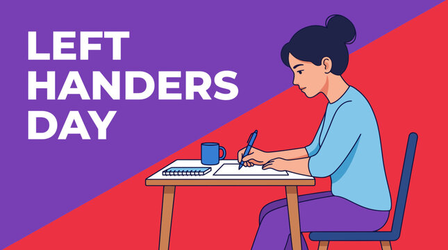Woman writing at a desk celebrating international left handers day.