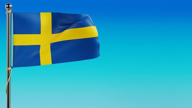 The Swedish national flag waves smoothly on the flagpole in 4K looping 3D animation, set against a vibrant blue sky gradient background. Patriotic commercial video projects, Sport Event.