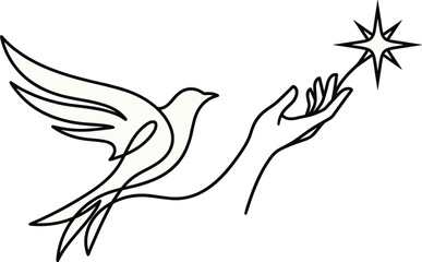 Obraz premium Minimalist One Line Art Flying Bird and Human Hand Reaching for Star Vector Illustration Conceptual Elegant Continuous Line Contour Design
