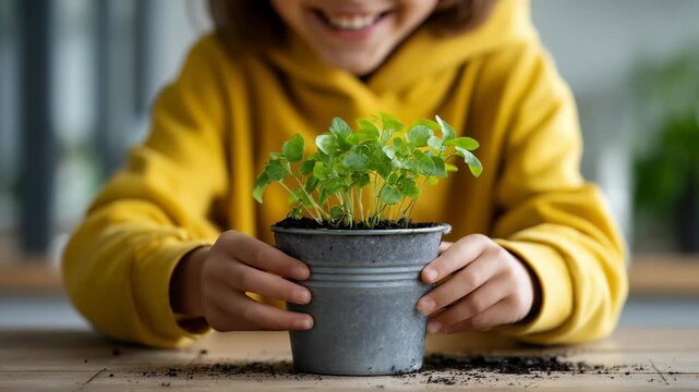 Close up of a young child caring for a potted plant, symbolizing eco friendly values and early gardening education. The image highlights sustainability and hands on learning