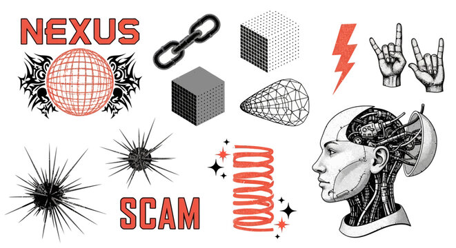 Set of retro futuristic brutalist graphic design elements including Y2K style cyber head wireframe shapes and punk vector assets