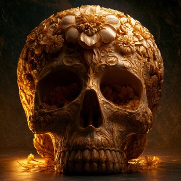 Ornate Golden Skull Adorned with Flowers