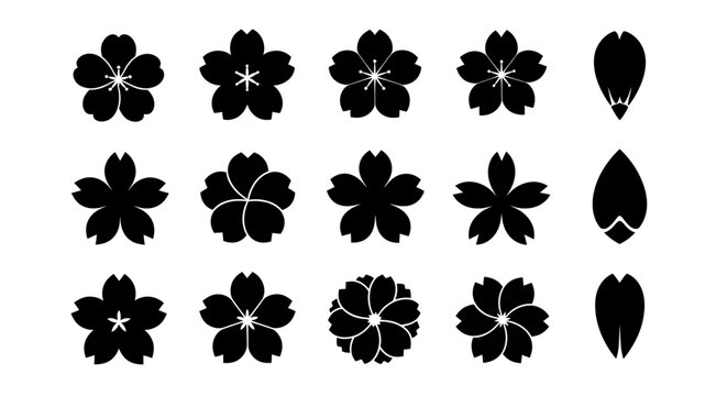 Minimalist Black Cherry Blossom and Sakura Flower Icon Vector Collection. Elegant Asian Floral Design Elements with Diverse Stylized Petal Shapes for Botanical Graphics