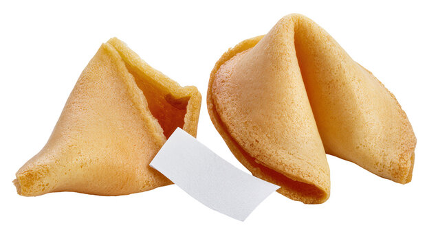 Golden baked fortune cookies with blank paper slips, isolated on transparent background