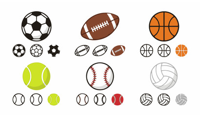 Fototapeta premium Sports ball icon collection vector with soccer football basketball tennis baseball volleyball symbols isolated on white background