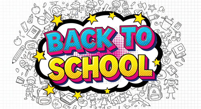 Back to school comic book style vector banner, pop art educational typography with stars, hand drawn student doodles on grid paper background