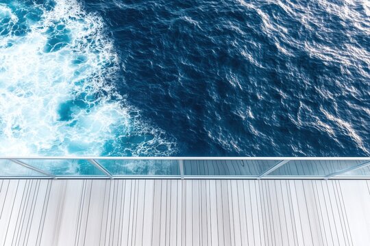View of deep blue ocean with white foam beside a ship deck and glass railing, seen from above